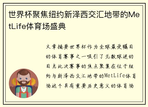 世界杯聚焦纽约新泽西交汇地带的MetLife体育场盛典 世界杯聚焦纽约新泽西交汇地带的MetLife体育场盛典
