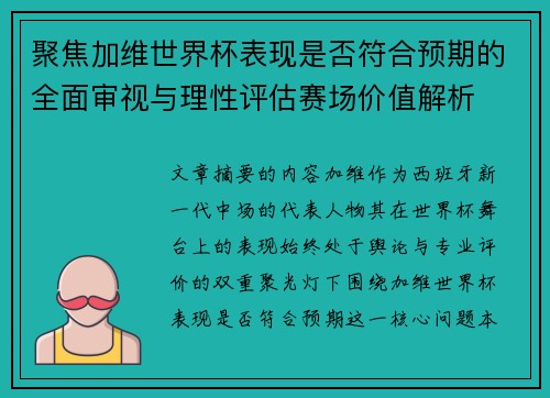 聚焦加维世界杯表现是否符合预期的全面审视与理性评估赛场价值解析